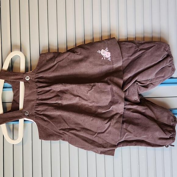 Jacadi Paris Dark Brown Jumpsuit with Pink Floral Embroidery - Picture 2 of 11